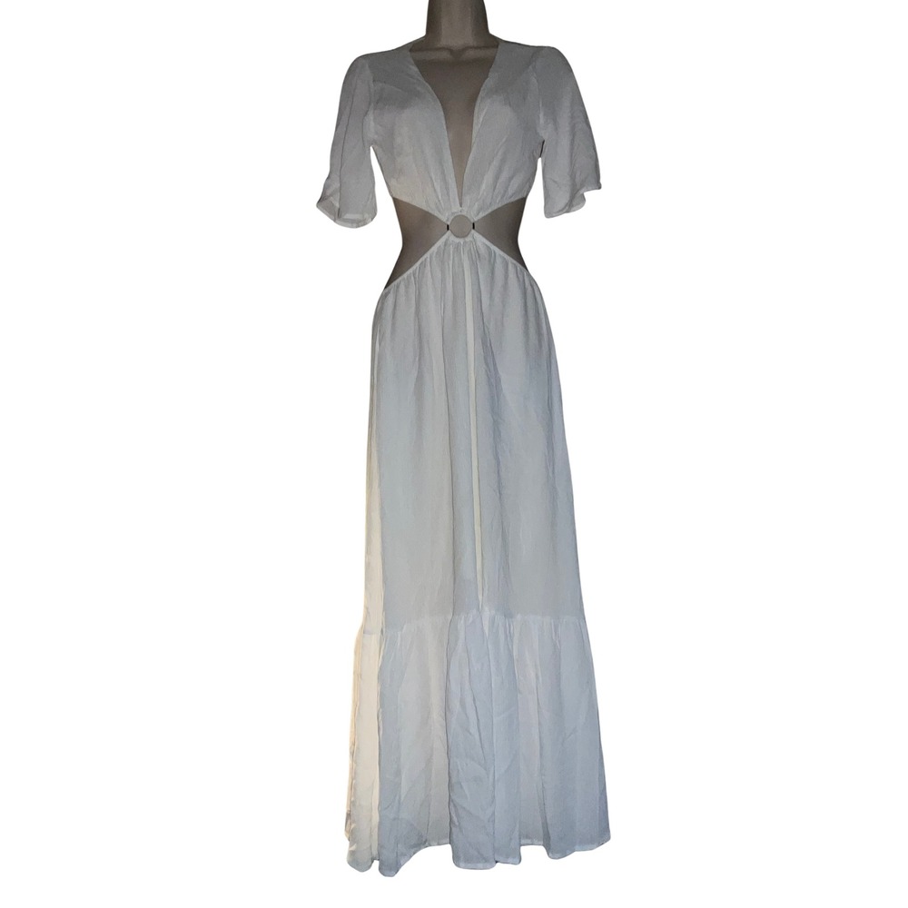 Magnolia Boutique White Cutout Ring Maxi Dress Plunge V-Neck Small NWOT Boho
